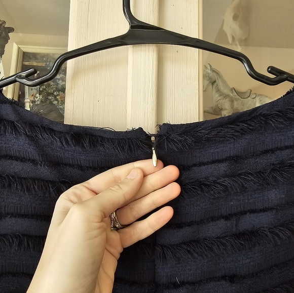 Club Monaco Alannah Dress Fringe Stripes Navy Blue 3/4 Bell Sleeves - Picture 10 of 11